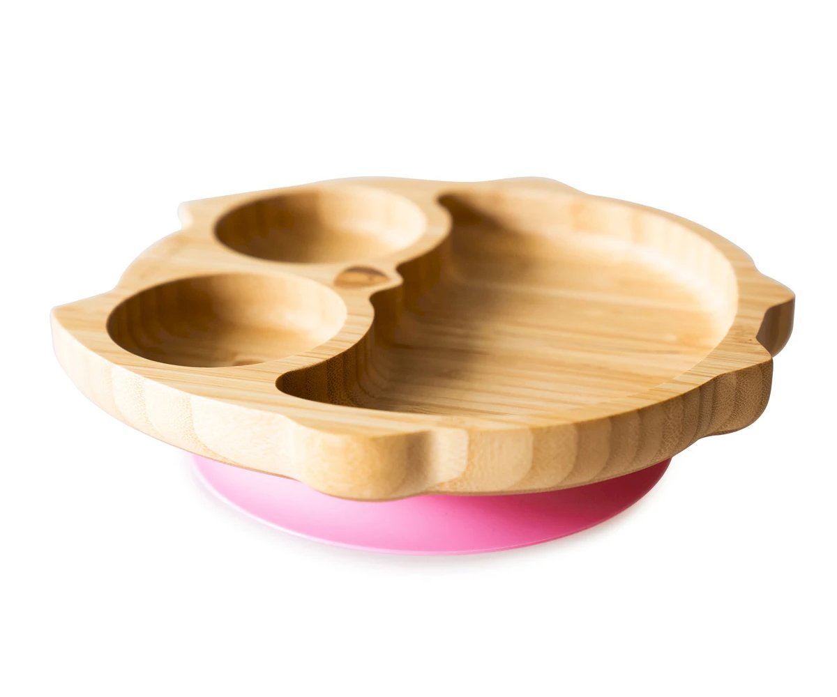 Plato Bambú con Ventosa Búho Rosa