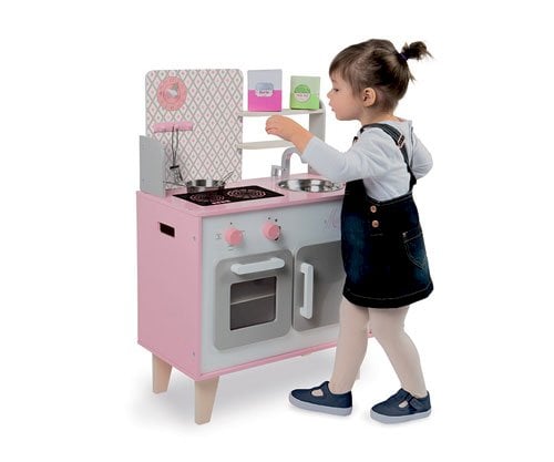 Cozinha de madeira Macaron branco e rosa