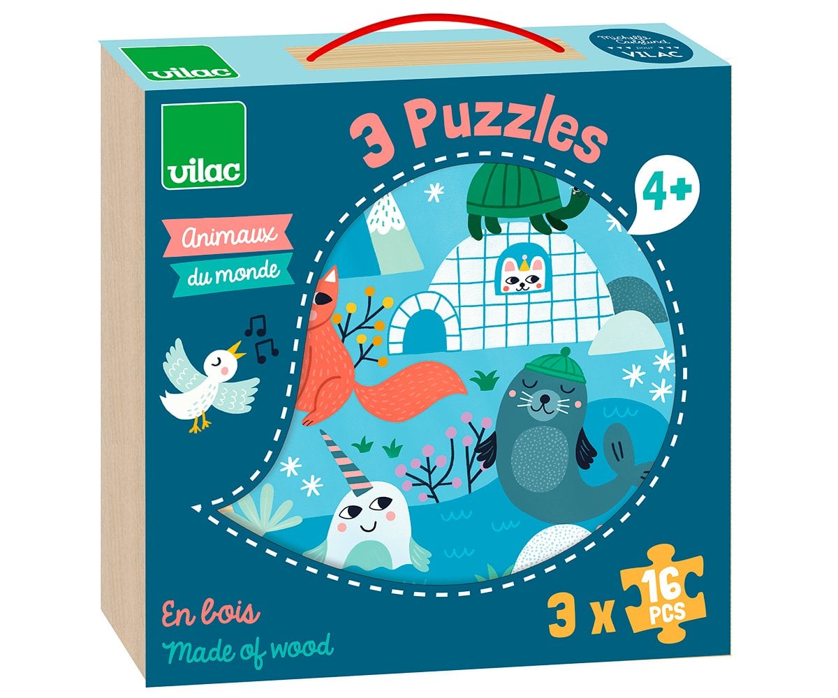 3 Puzzle Legno Animali del Mondo