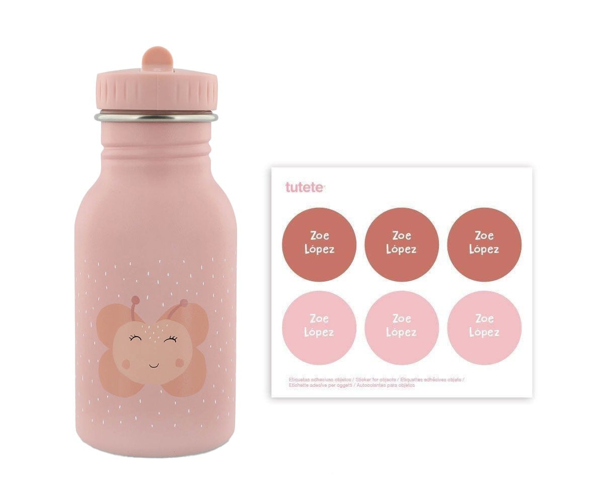 Bottiglia Acciaio Trixie Mrs.Butterfly 350ml+6 Etichette Rotonde Rose Gratis