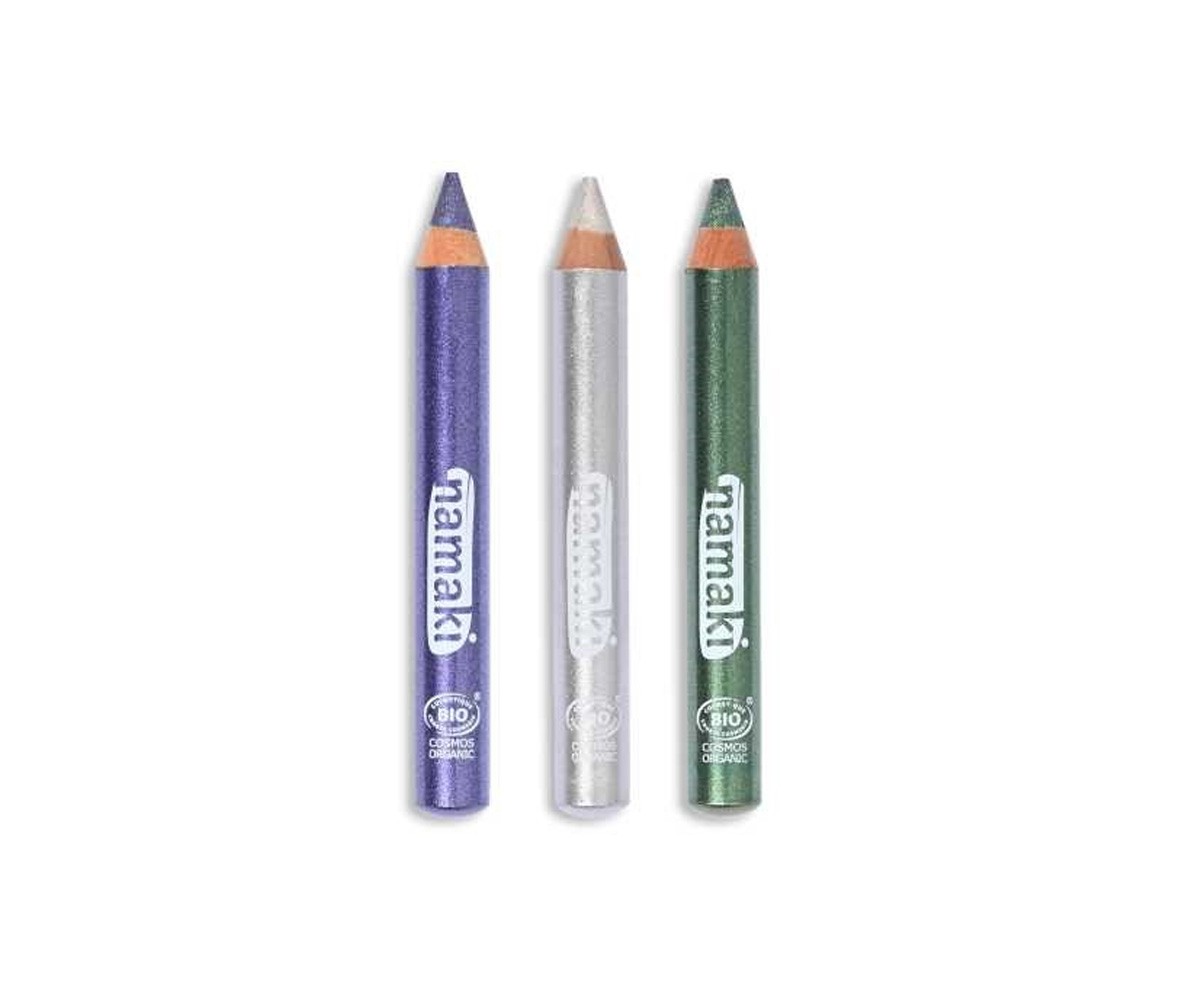 3 Matite Trucco Glitterate Viola-Argento-Verde