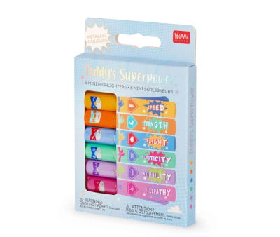 Set 6 Mini Evidenziatori Highlighters Metallic Teddy Bear Superpower
