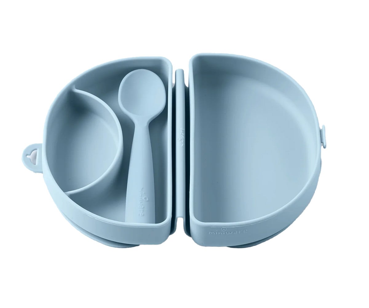 Conjunto de prato e colher de silicone dobrável Azul