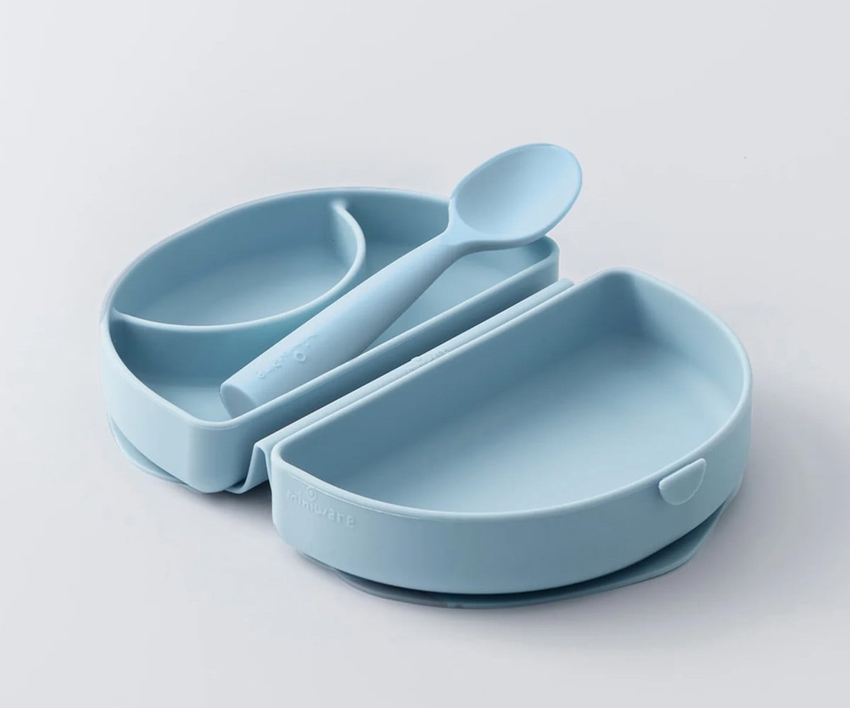 Conjunto de prato e colher de silicone dobrável Azul