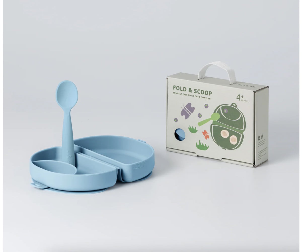Conjunto de prato e colher de silicone dobrável Azul