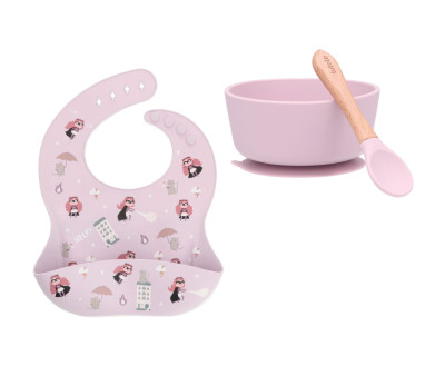 Pacote: Baby Meal Fruits babete de silicone, taça de silicone e colher Lilac