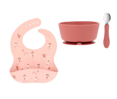 Pacote: Baby Meal Fruits, babero de silicone, taça de silicone e colher de aço Blush