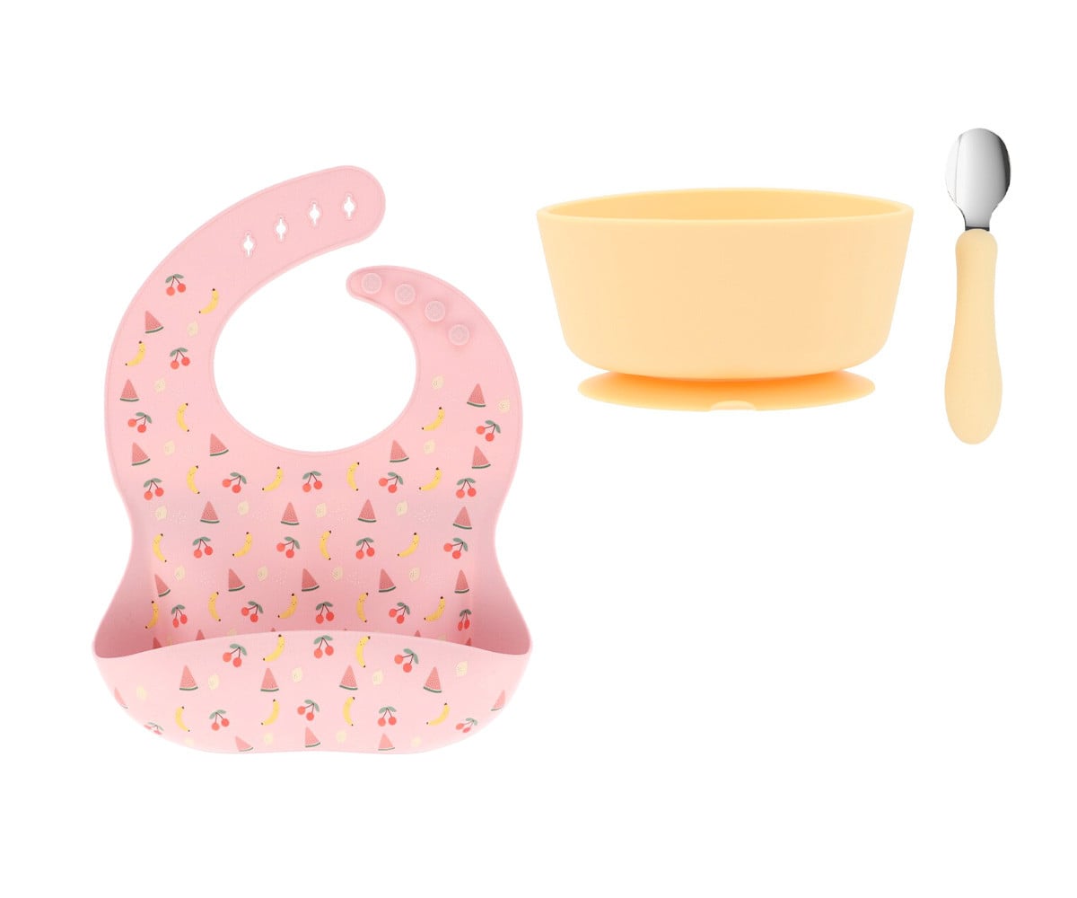 Pacote: Baby Meal Fruits babete de silicone, taça de silicone e colher de aço Sun