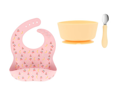 Pacote: Baby Meal Fruits babete de silicone, taça de silicone e colher de aço Sun