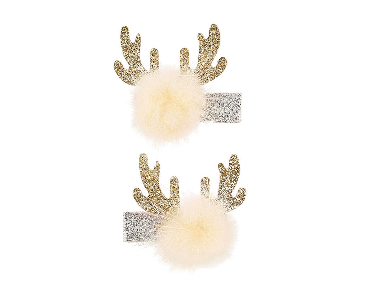 2 clips de cabelo de Natal com pompons e chifres de rena