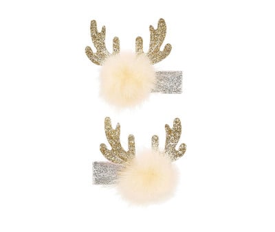 2 Clip Capelli con Pompon e Corna di Renna