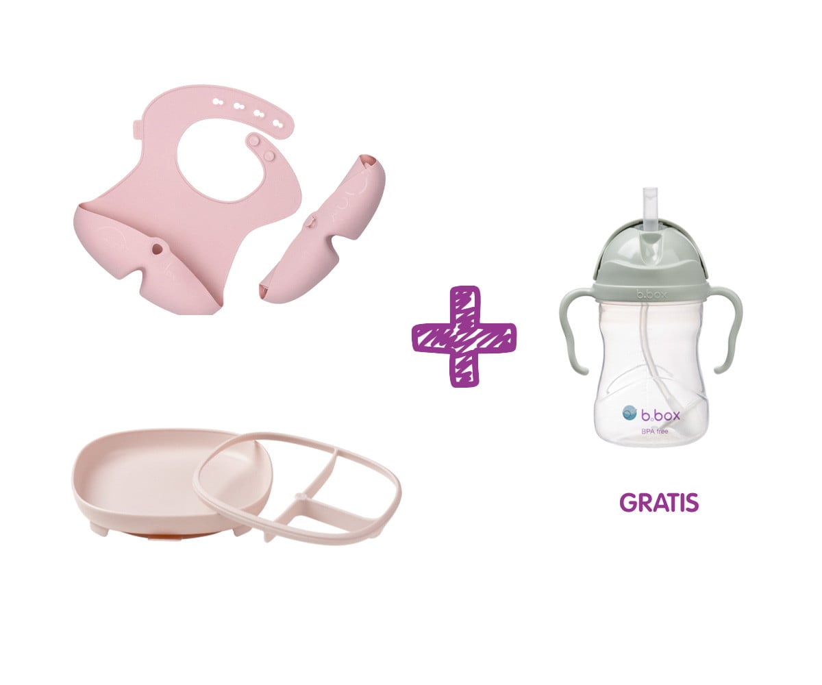 PROMO Bavoir et Assiette en Silicone Blush + Gobelet avec Paille Sage