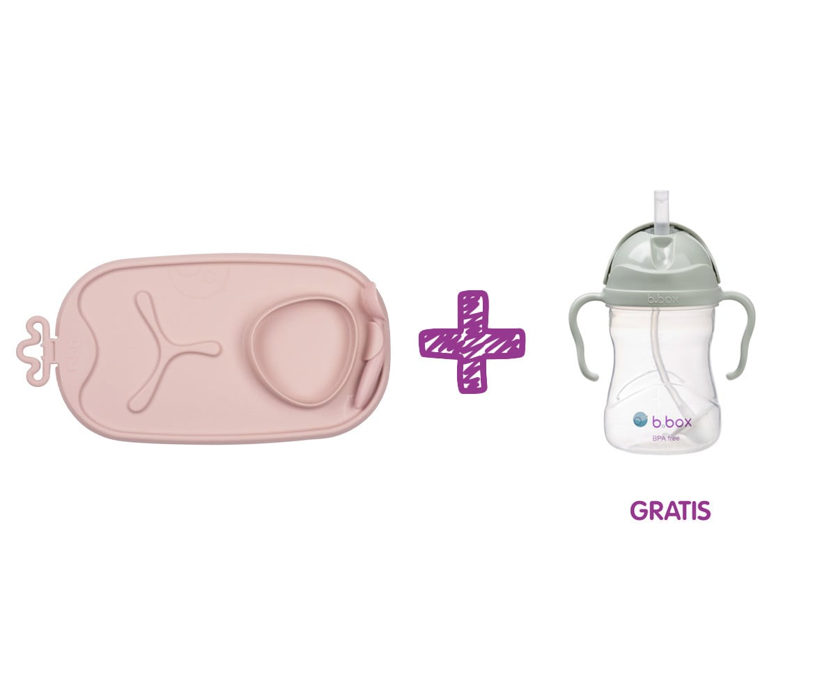 PROMO Plateau en Silicone Roll&Go avec Cuillère Blush + Gobelet avec Paille Sage