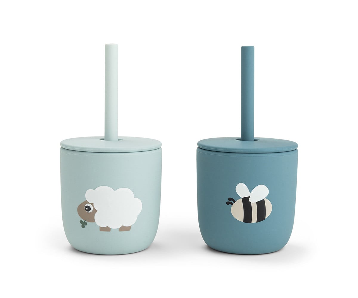 Pack 2 Vasos Silicona con Pajita Tiny Farm Blue