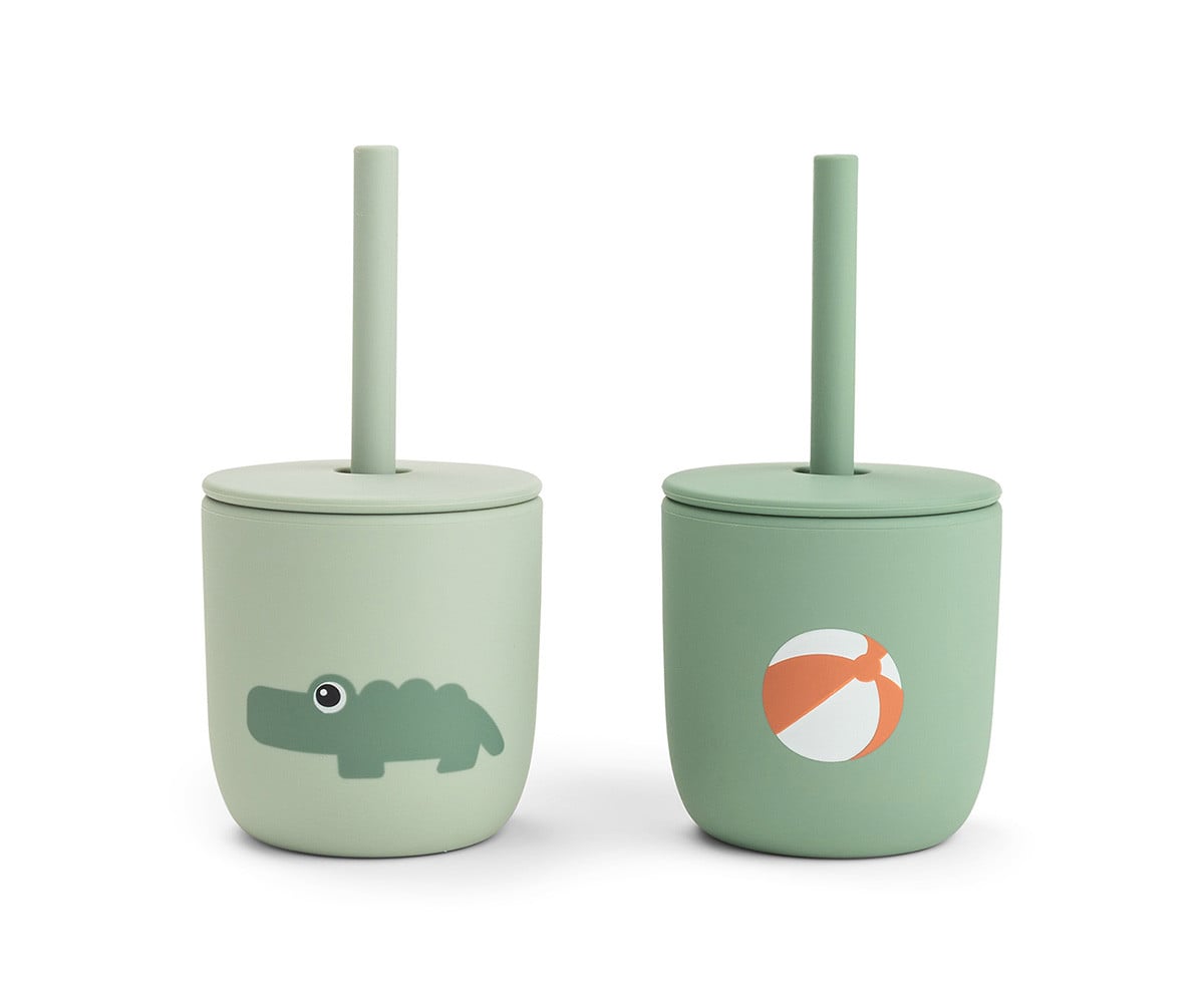 Lot de 2 Gobelets en Silicone avec Paille Playground Green