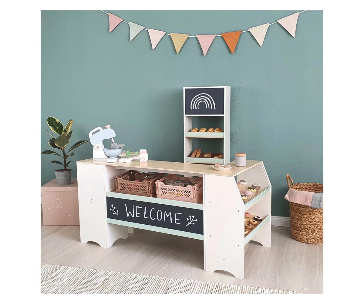Boutique et Kitchenette Modulaires Blanc/Naturel/Menthe