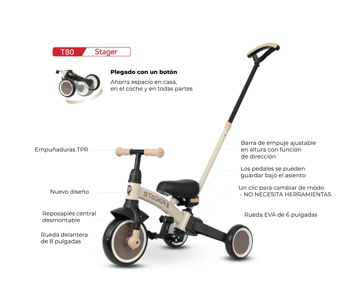 Triciclo y Bicicleta de Equilibrio Trike Stager 3 en 1 Beige (2-6 años)