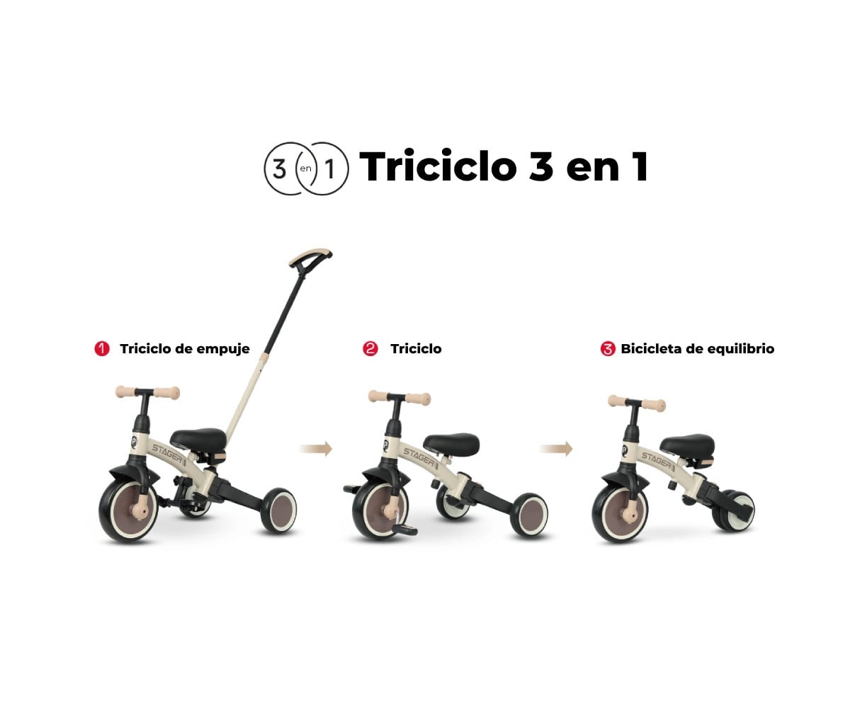 Triciclo y Bicicleta de Equilibrio Trike Stager 3 en 1 Beige (2-6 años)