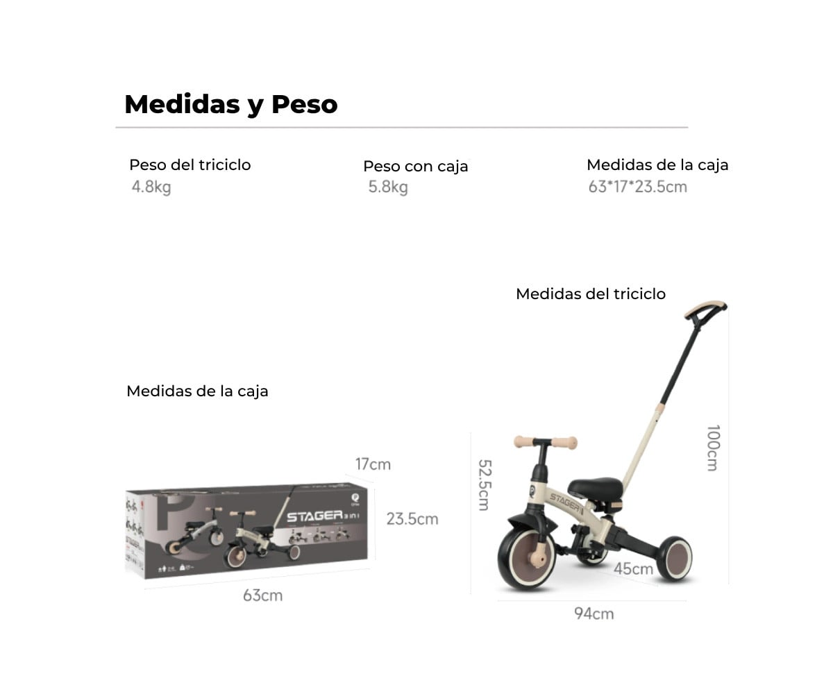 Triciclo y Bicicleta de Equilibrio Trike Stager 3 en 1 Beige (2-6 años)