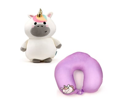 Almofada de viagem e pelúcia Swapseazzz Unicorn Adoracorns 2 em 1