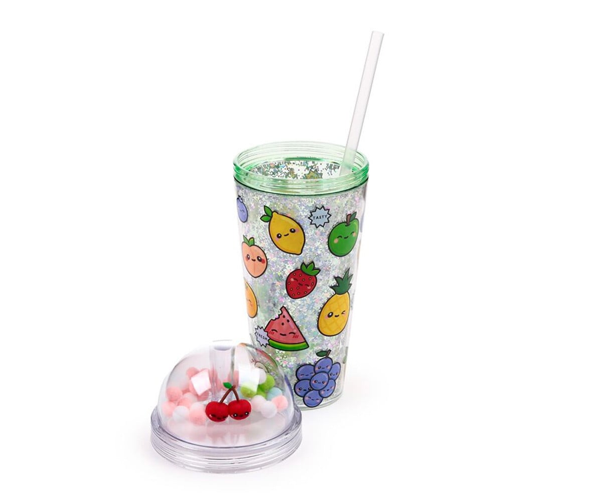 Vaso de Plástico de Doble Pared con Pajita y Adornos Foodiemals Frutas