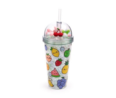 Bicchiere Plastica a Doppia Parete con Cannuccia  Foodiemals Fruits