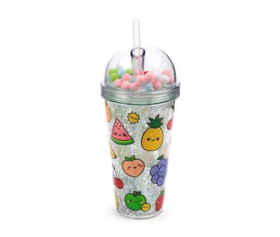Vaso de Plástico de Doble Pared con Pajita y Adornos Foodiemals Frutas