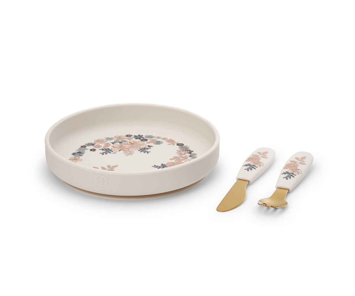 Silicone Plate and Cutlery Set Blue Garden