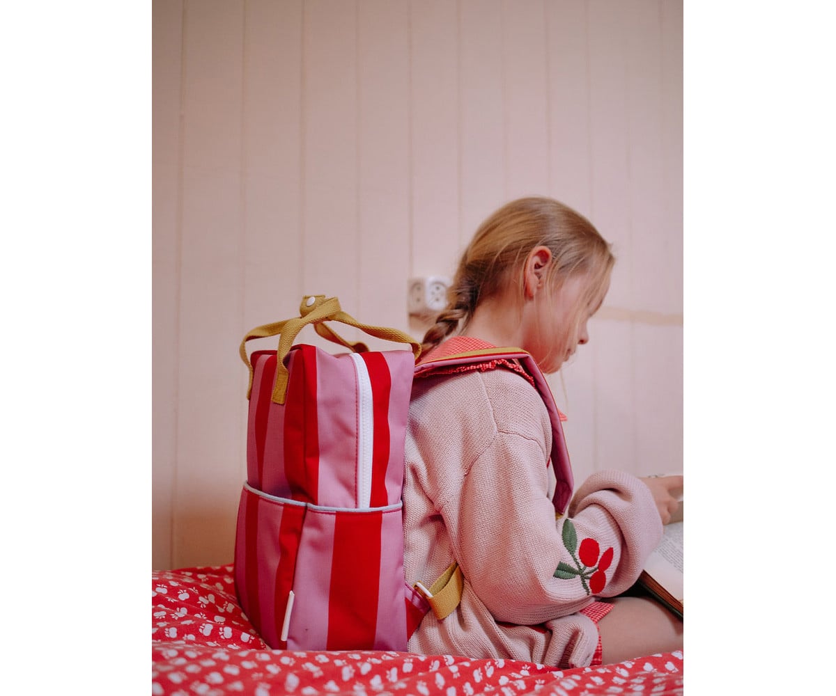 Personalized School Medium Backpack Stripes Red Apple + Rosebay Pink