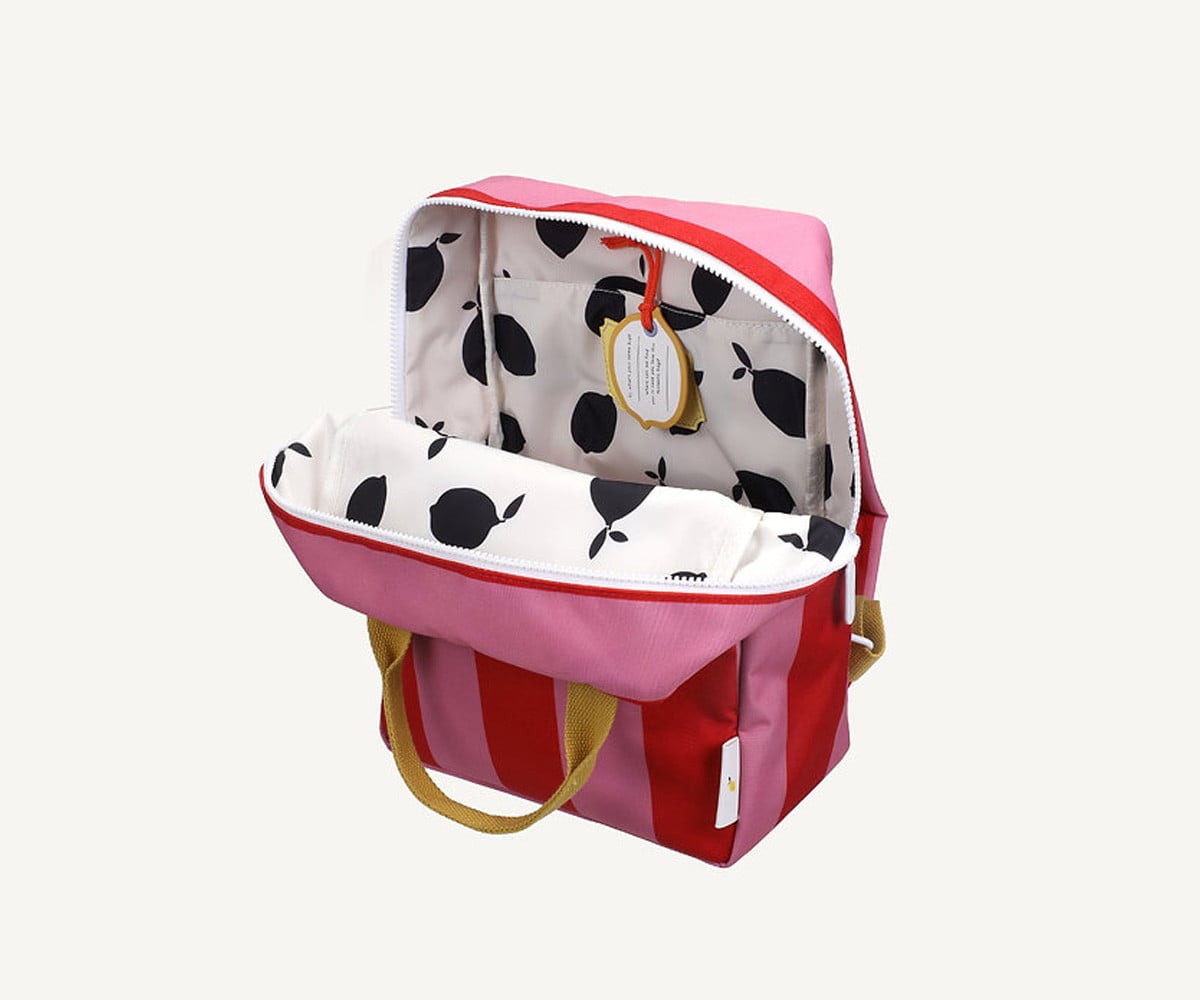 Personalized School Medium Backpack Stripes Red Apple + Rosebay Pink