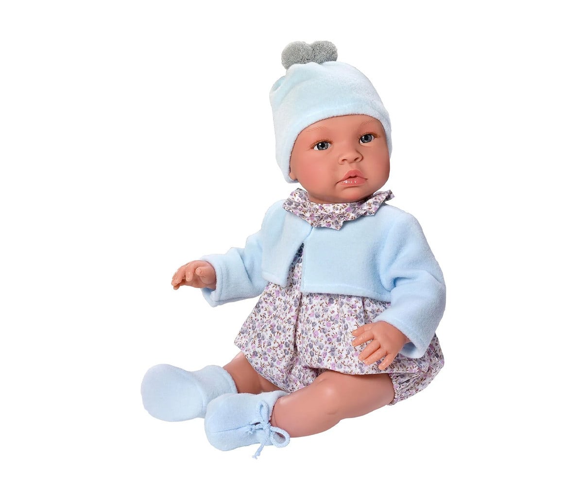 Muñeco Leo Ranita Flores Gris Chaqueta Celeste