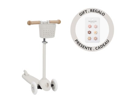Patinete Banwood Eco + Cesta Pin & Ride Ivory y Pines Flores