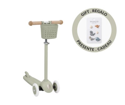 Patinete Banwood Eco + Cesta Pin & Ride Olive y Pines Dinosaurios
