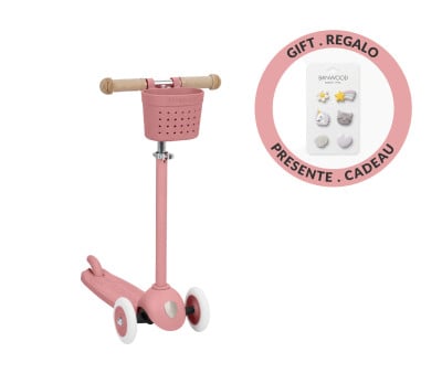 Patinete Banwood Eco + Cesta Pin & Ride Raspberry y Pines Magia