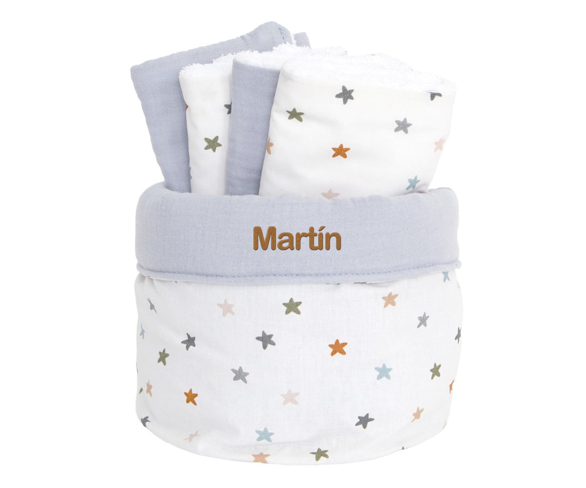 Cesta Personalizzabile + 4 Salviettine Little Stars Blue Personalizzabile