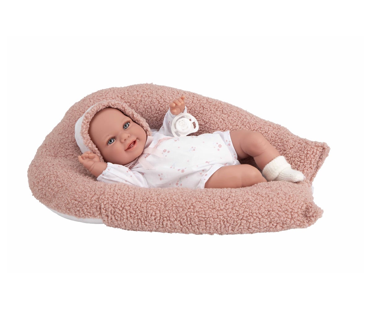 Boneca Elegance com peso de 35 cm, bebê rosa com almofada de pele de carneiro