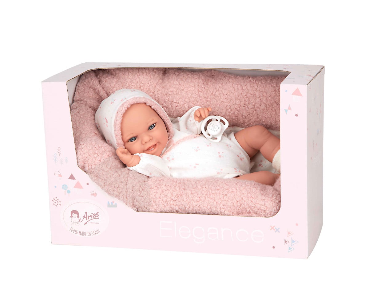 Boneca Elegance com peso de 35 cm, bebê rosa com almofada de pele de carneiro
