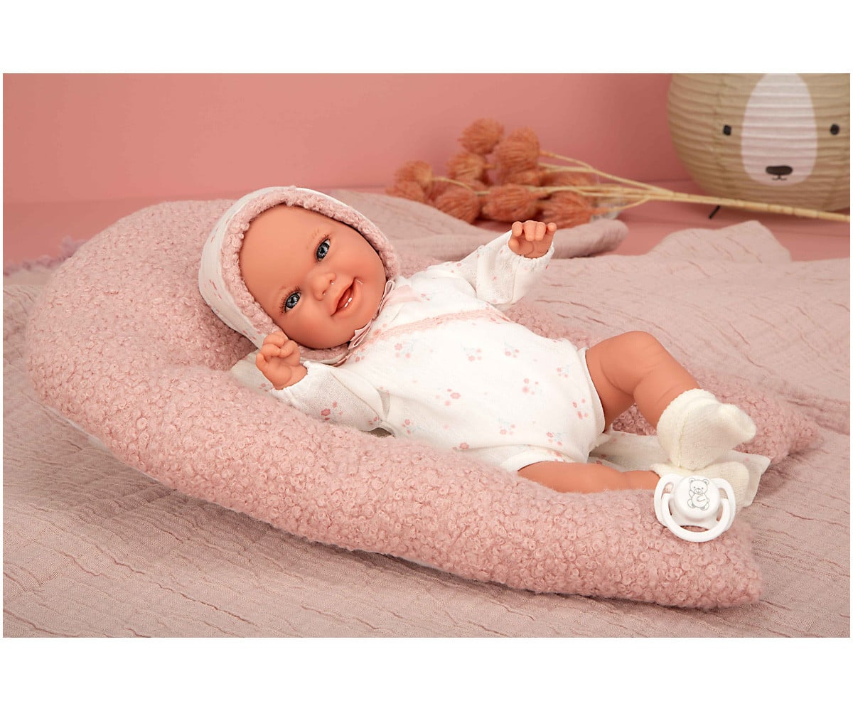 Boneca Elegance com peso de 35 cm, bebê rosa com almofada de pele de carneiro