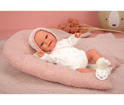 Boneca Elegance com peso de 35 cm, bebê rosa com almofada de pele de carneiro