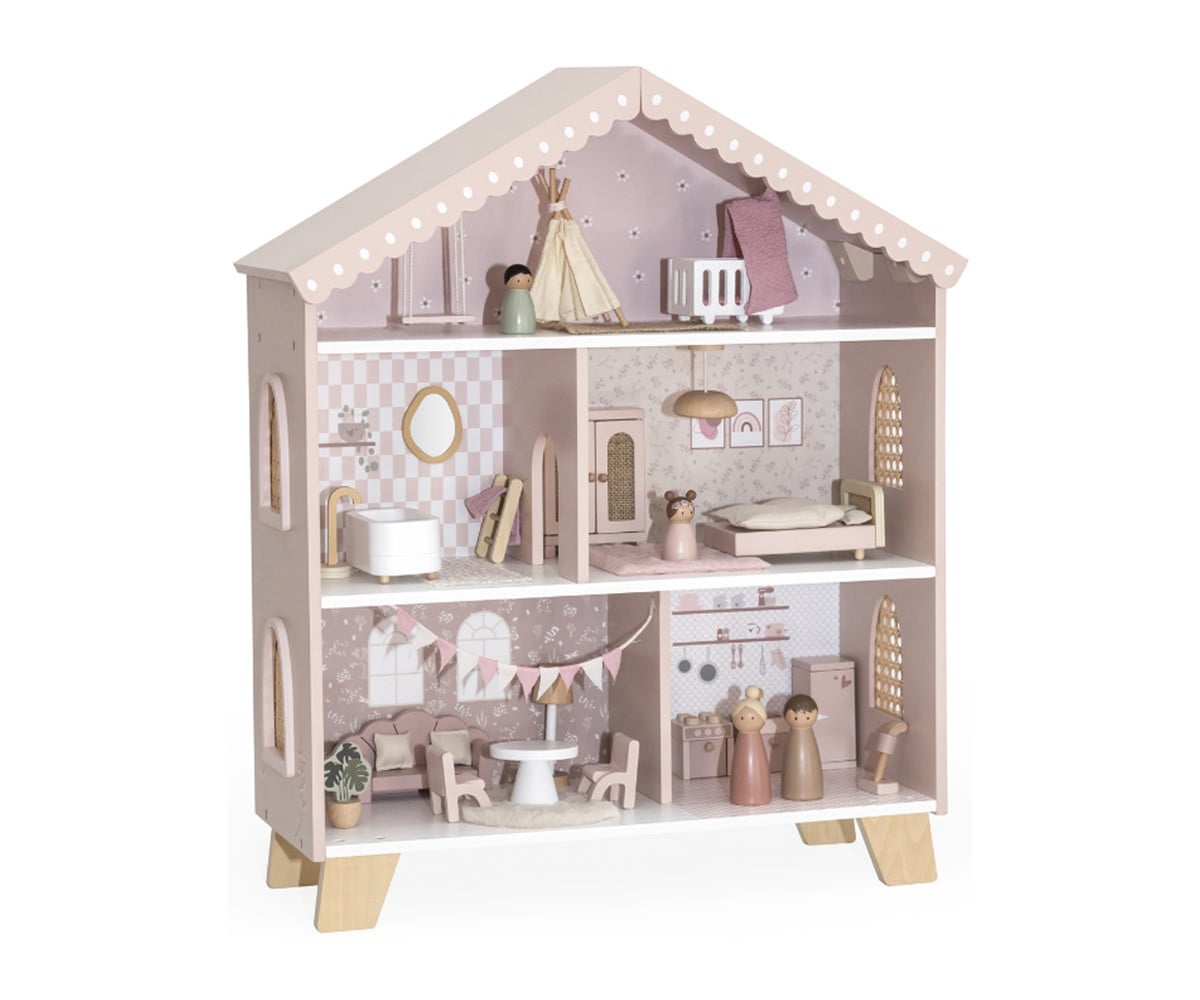 Casa de Muñecas de Madera Rosa con Muebles y Familia