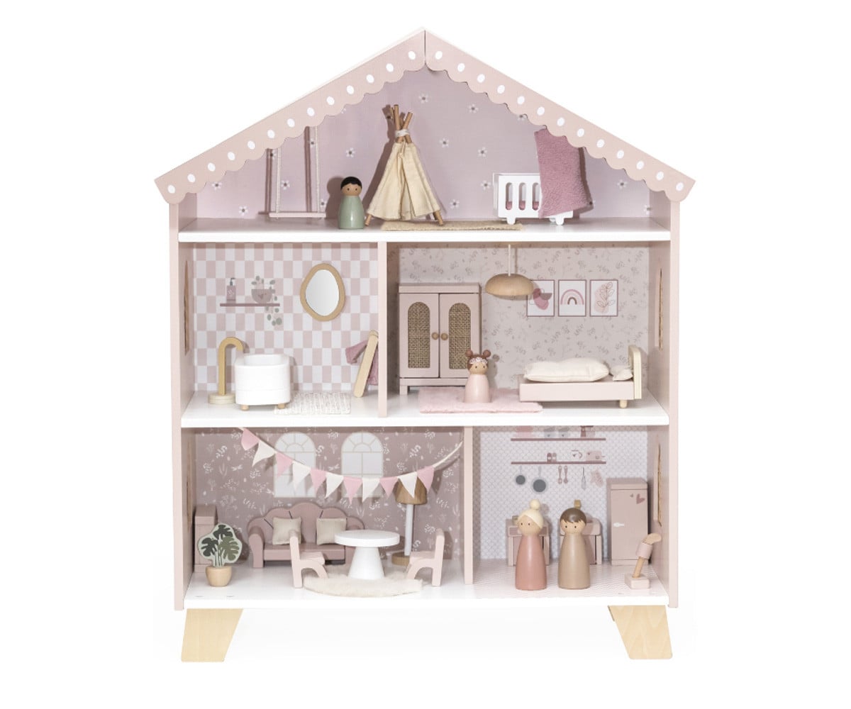 Casa de Muñecas de Madera Rosa con Muebles y Familia