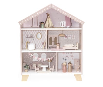 Casa de Muñecas de Madera Rosa con Muebles y Familia
