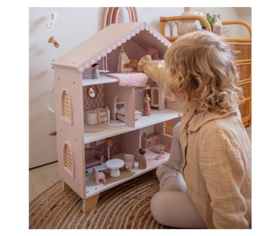 Casa de Muñecas de Madera Rosa con Muebles y Familia