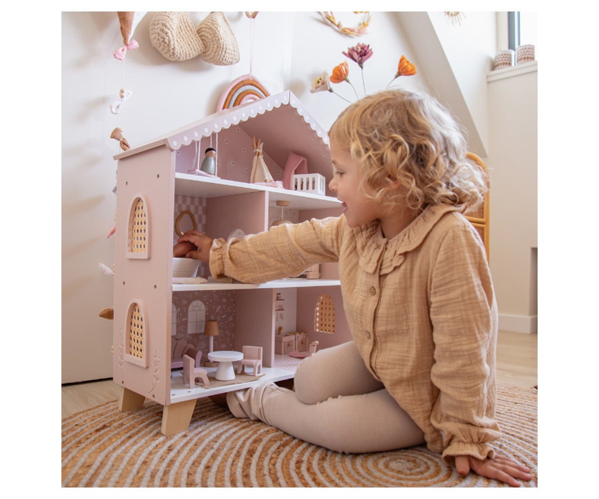Casa de Muñecas de Madera Rosa con Muebles y Familia