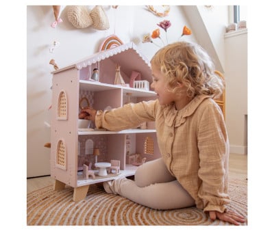 Casa de Muñecas de Madera Rosa con Muebles y Familia