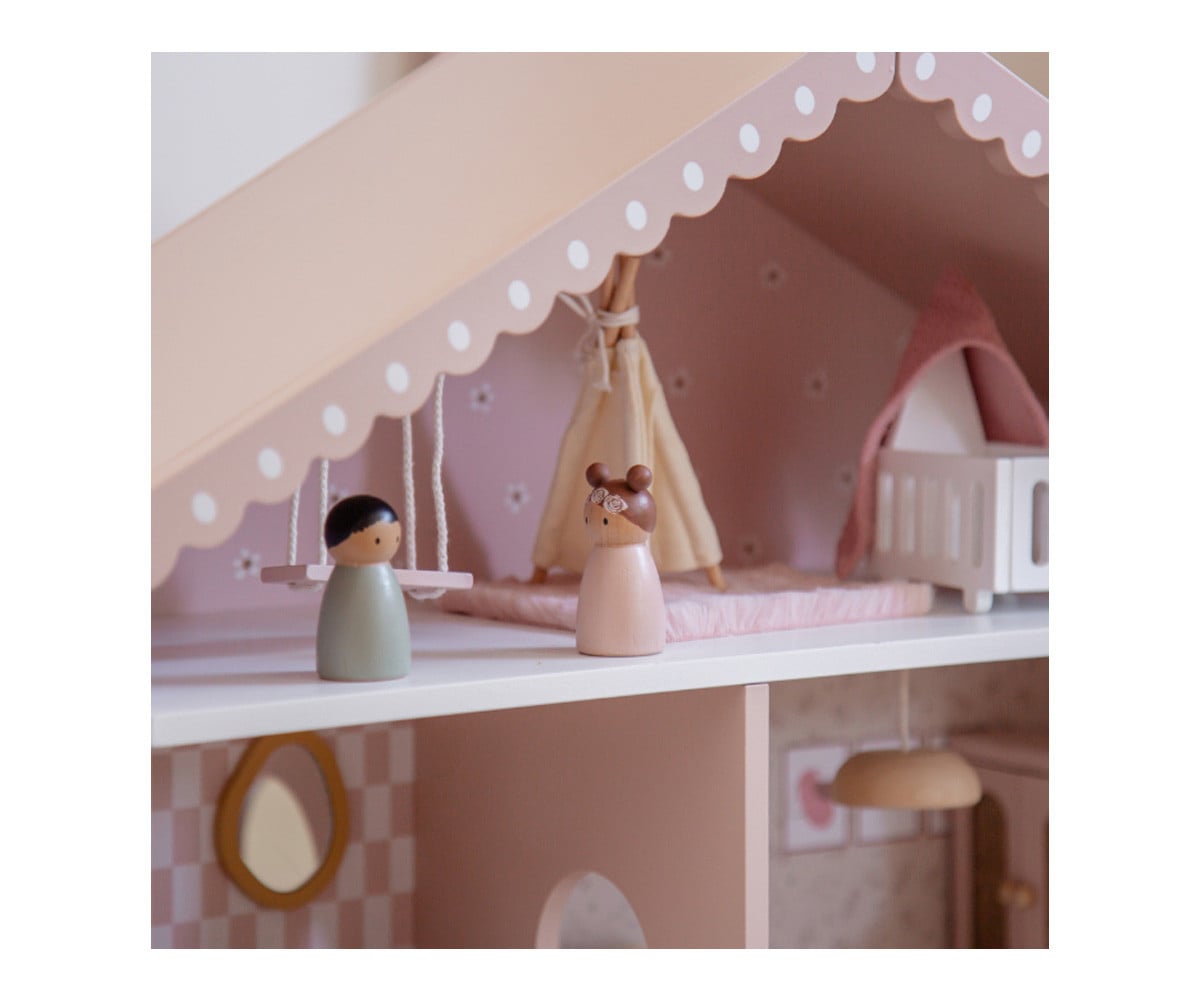 Casa de Muñecas de Madera Rosa con Muebles y Familia