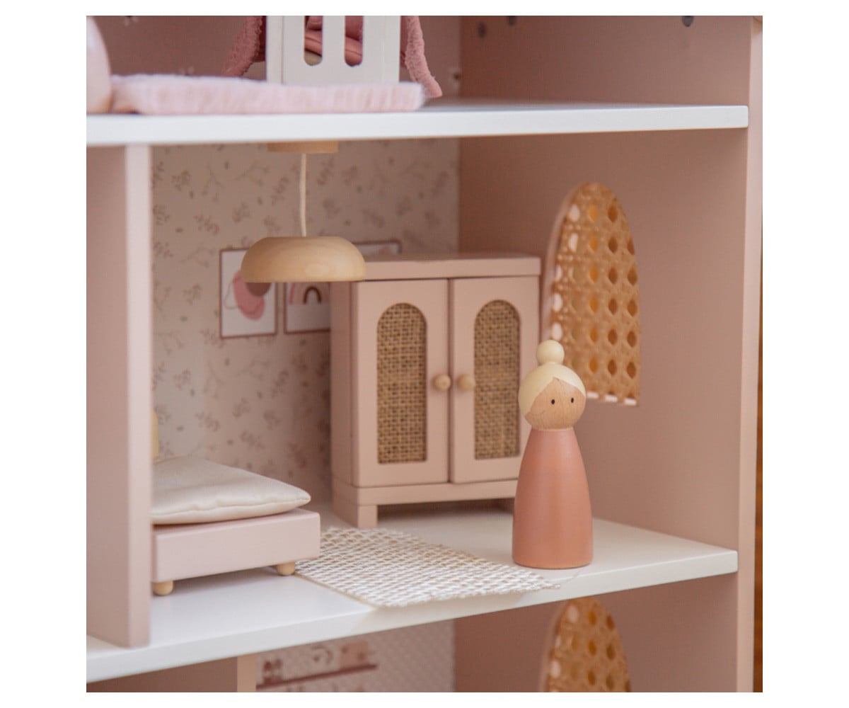 Casa de Muñecas de Madera Rosa con Muebles y Familia