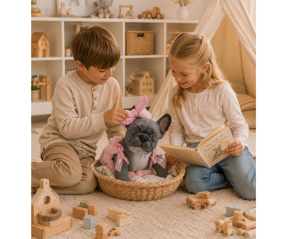 Lily La Bull Dog Reborn Gris con Pelele Cuadros Rosas
