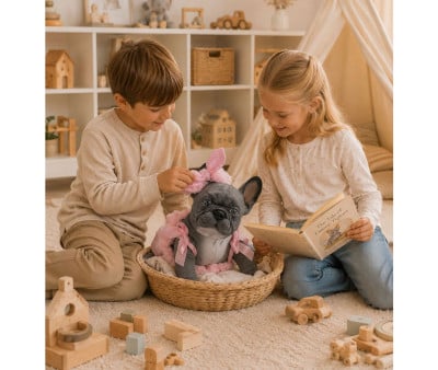 Lily La Bull Dog Reborn Gris con Pelele Cuadros Rosas