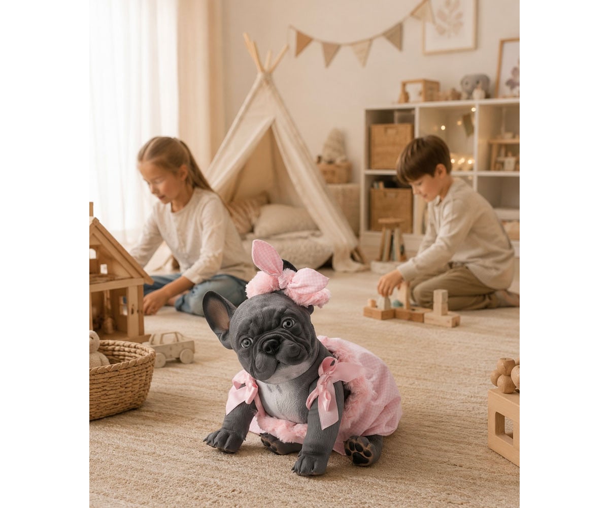 Lily La Bull Dog Reborn Gris con Pelele Cuadros Rosas